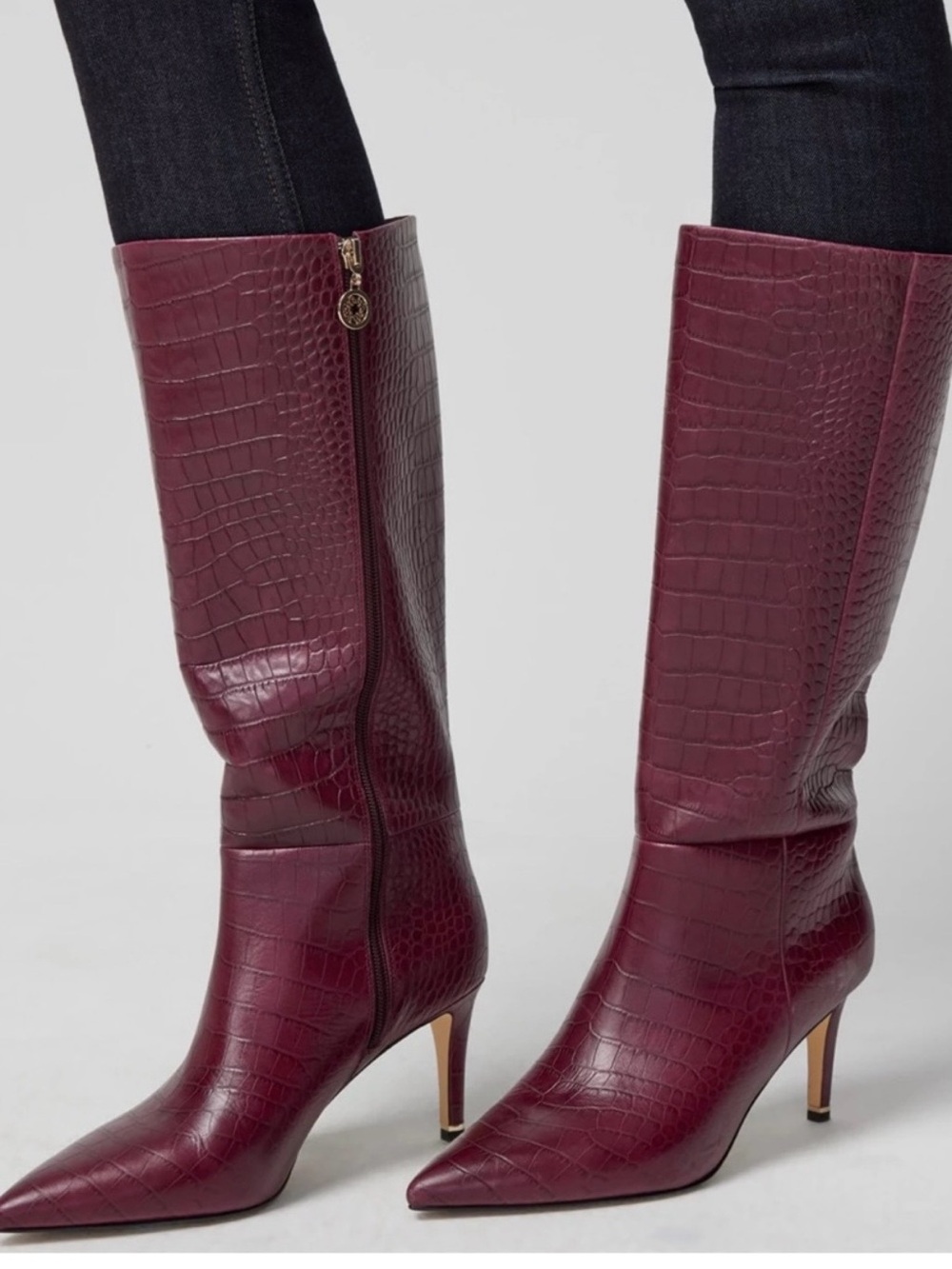 WHBM croc embossed knee high high heel cranberry boots